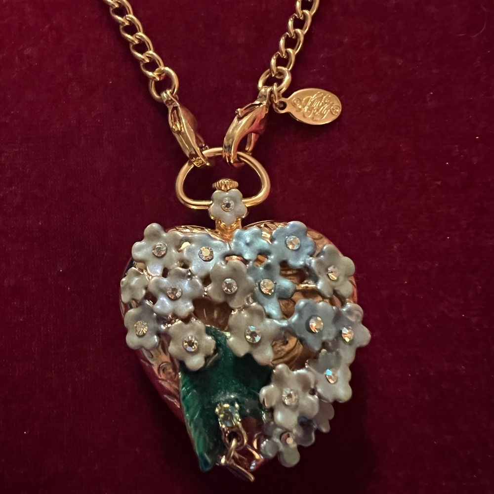 Vintage Kirk’s Folly Watch Gold Heart Pendant Necklace with Blue Flowers
